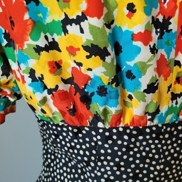 1980s floral silk cocktail dress puff shoulders dress with contrast skirt - Picture 3 of 16